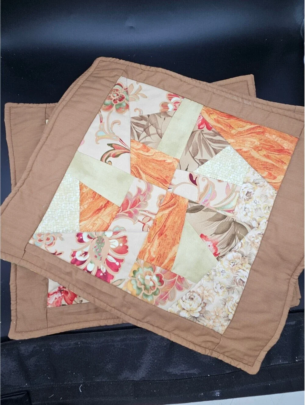 Handmade Quilted Placemats Lot of 4 Fall Autumn Pinecones Leaves Reversible